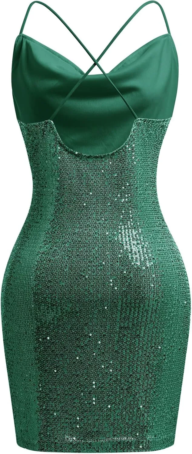 ODIZLI Women's Spaghetti Straps Cowl Neck Sequins Glitters Bodycon Mini Dress Party Nightclub Dress