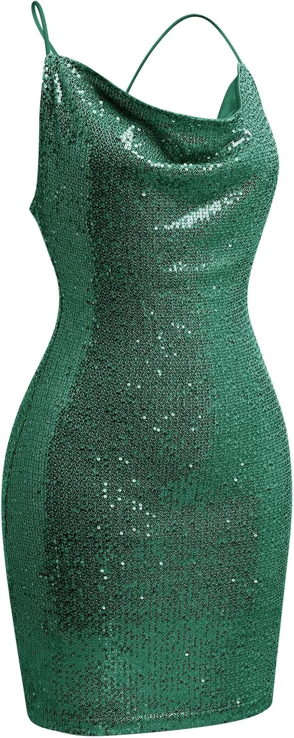 ODIZLI Women's Spaghetti Straps Cowl Neck Sequins Glitters Bodycon Mini Dress Party Nightclub Dress