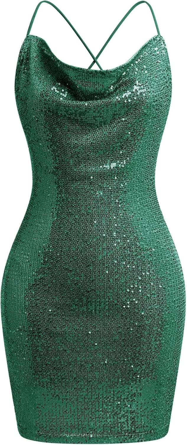 ODIZLI Women's Spaghetti Straps Cowl Neck Sequins Glitters Bodycon Mini Dress Party Nightclub Dress