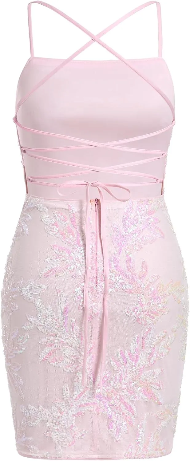 ODIZLI Women's Spaghetti Straps Sparkly Sequins Bodycon Mini Dance Homecoming Dress Party Nightclub