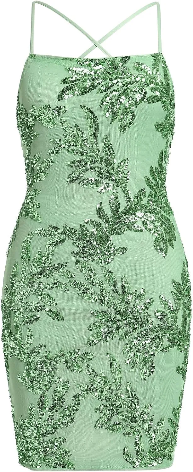 ODIZLI Women's Spaghetti Straps Sparkly Sequins Bodycon Mini Dance Homecoming Dress Party Nightclub