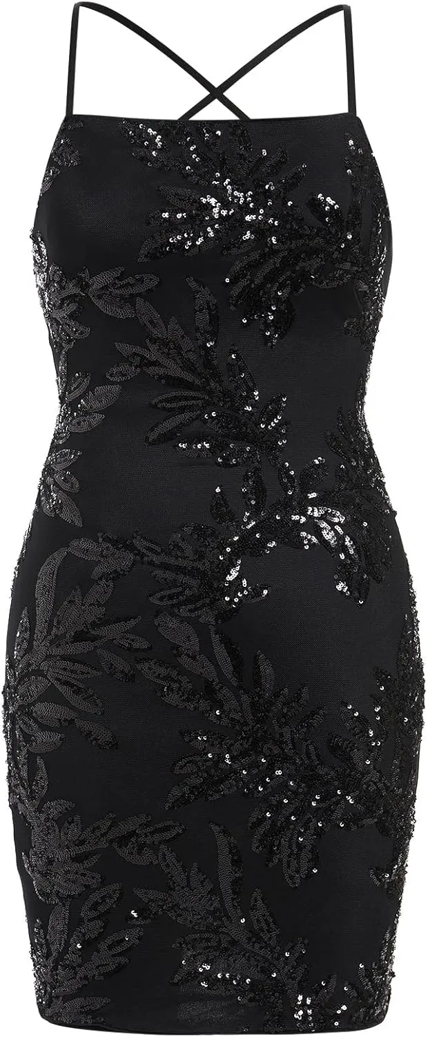 ODIZLI Women's Spaghetti Straps Sparkly Sequins Bodycon Mini Dance Homecoming Dress Party Nightclub