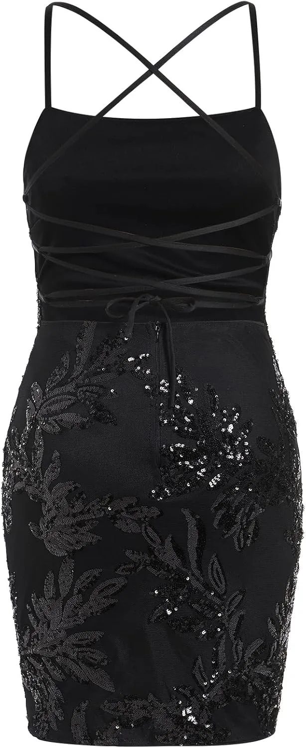 ODIZLI Women's Spaghetti Straps Sparkly Sequins Bodycon Mini Dance Homecoming Dress Party Nightclub