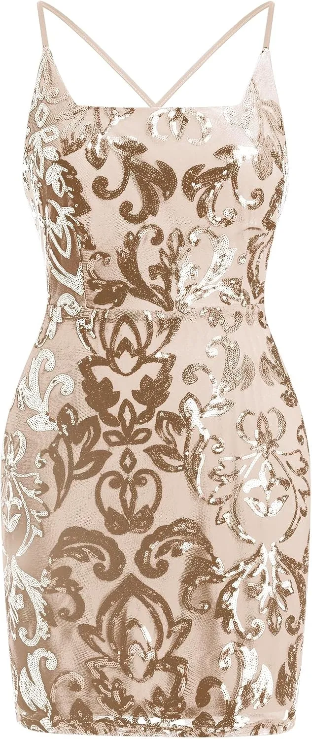 ODIZLI Women's Spaghetti Straps Sparkly Sequins Bodycon Mini Dress Party Nightclub
