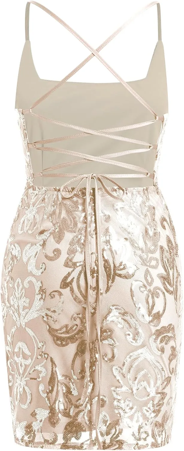 ODIZLI Women's Spaghetti Straps Sparkly Sequins Bodycon Mini Dress Party Nightclub
