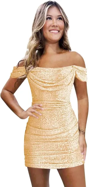 Off The Shoulder Sequin Homecoming Dresses for Teens 2024 Sparkly Short Bodycon Prom Mini Cocktail Gowns