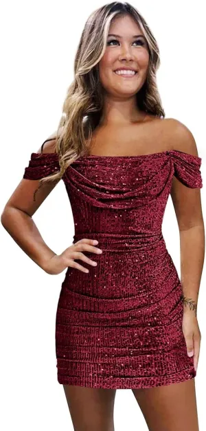 Off The Shoulder Sequin Homecoming Dresses for Teens 2024 Sparkly Short Bodycon Prom Mini Cocktail Gowns