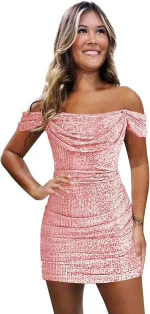 Off The Shoulder Sequin Homecoming Dresses for Teens 2024 Sparkly Short Bodycon Prom Mini Cocktail Gowns