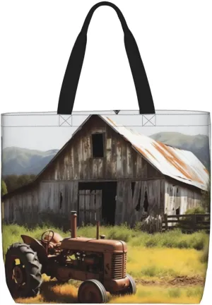Old Wooden Barn with Rusted Tractor Tote Bag for Women Hobo Handbags with Zipper Large Shoulder Bag Shopping Bags Travel Purse