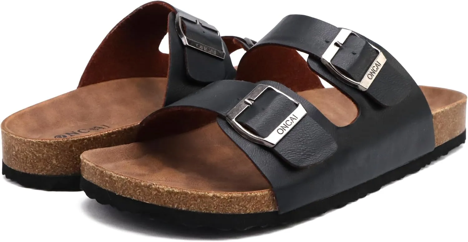 ONCAI Mens Sandals,Beach Slides Cork Footbed Slippers with Adjustable Buckle Straps Size 7-13