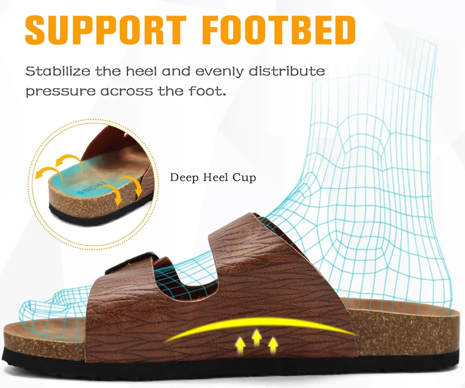 ONCAI Mens Sandals,Beach Slides Cork Footbed Slippers with Adjustable Buckle Straps Size 7-13