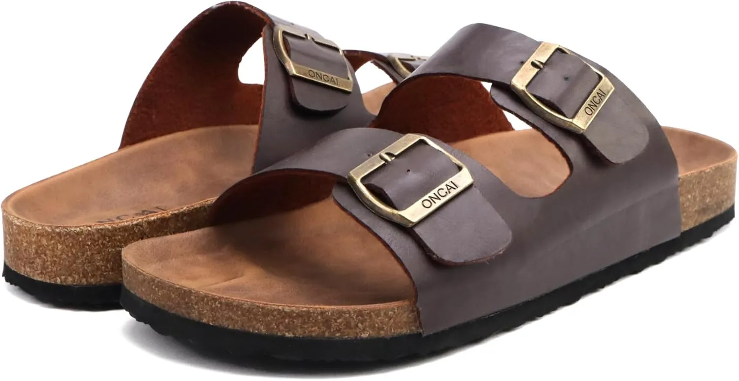 ONCAI Mens Sandals,Beach Slides Cork Footbed Slippers with Adjustable Buckle Straps Size 7-13