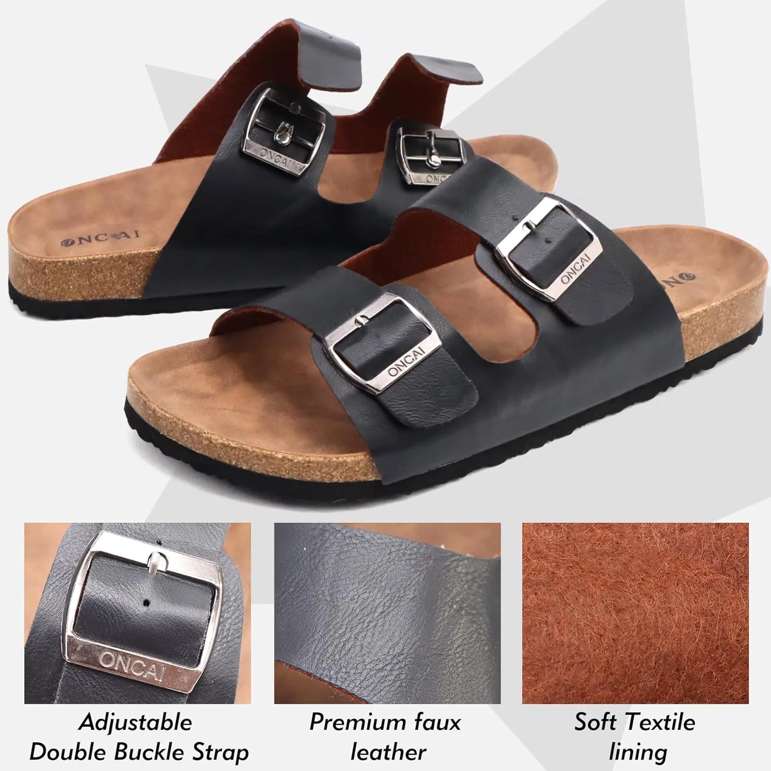 ONCAI Mens Sandals,Beach Slides Cork Footbed Slippers with Adjustable Buckle Straps Size 7-13