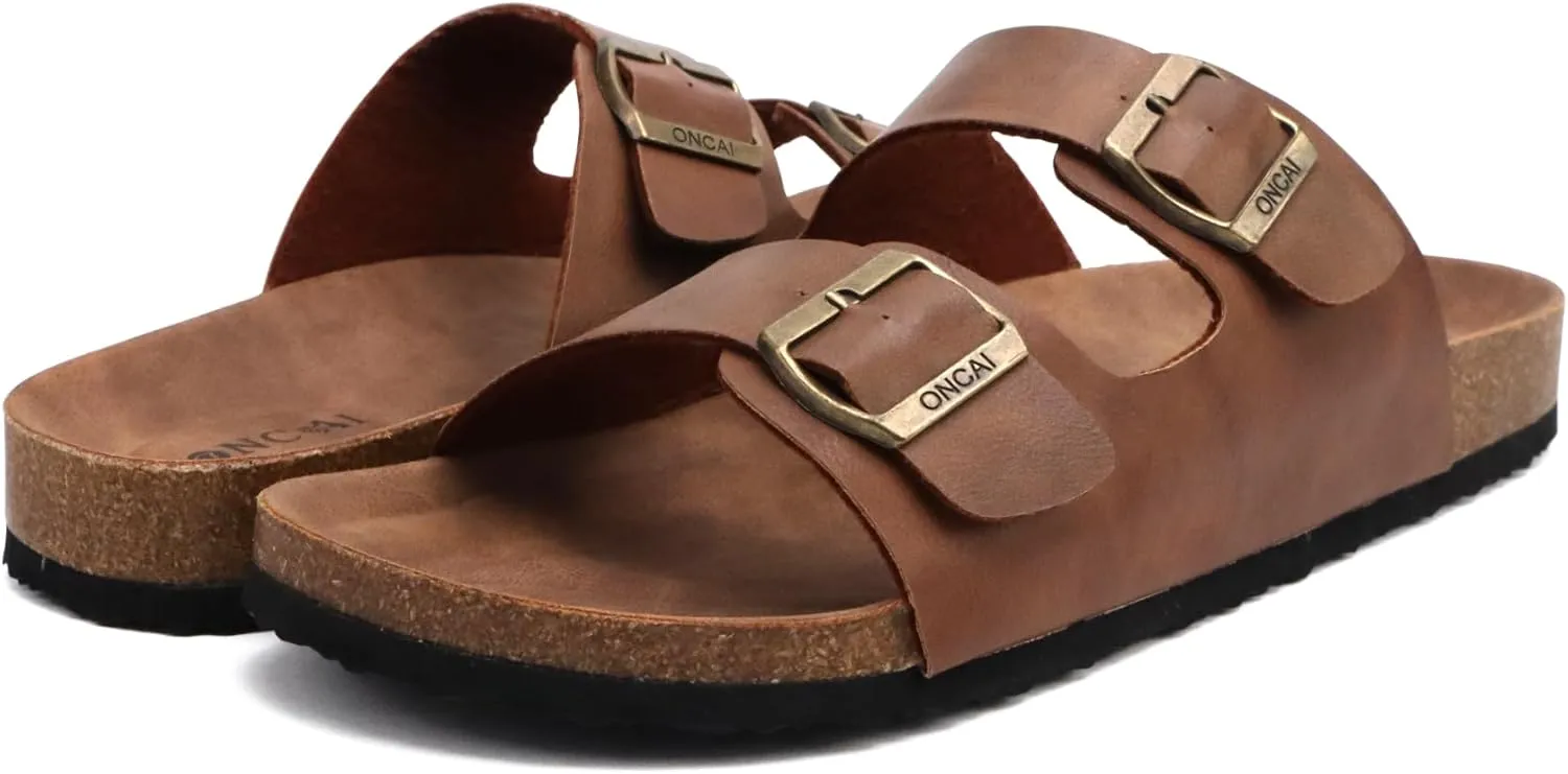 ONCAI Mens Sandals,Beach Slides Cork Footbed Slippers with Adjustable Buckle Straps Size 7-13