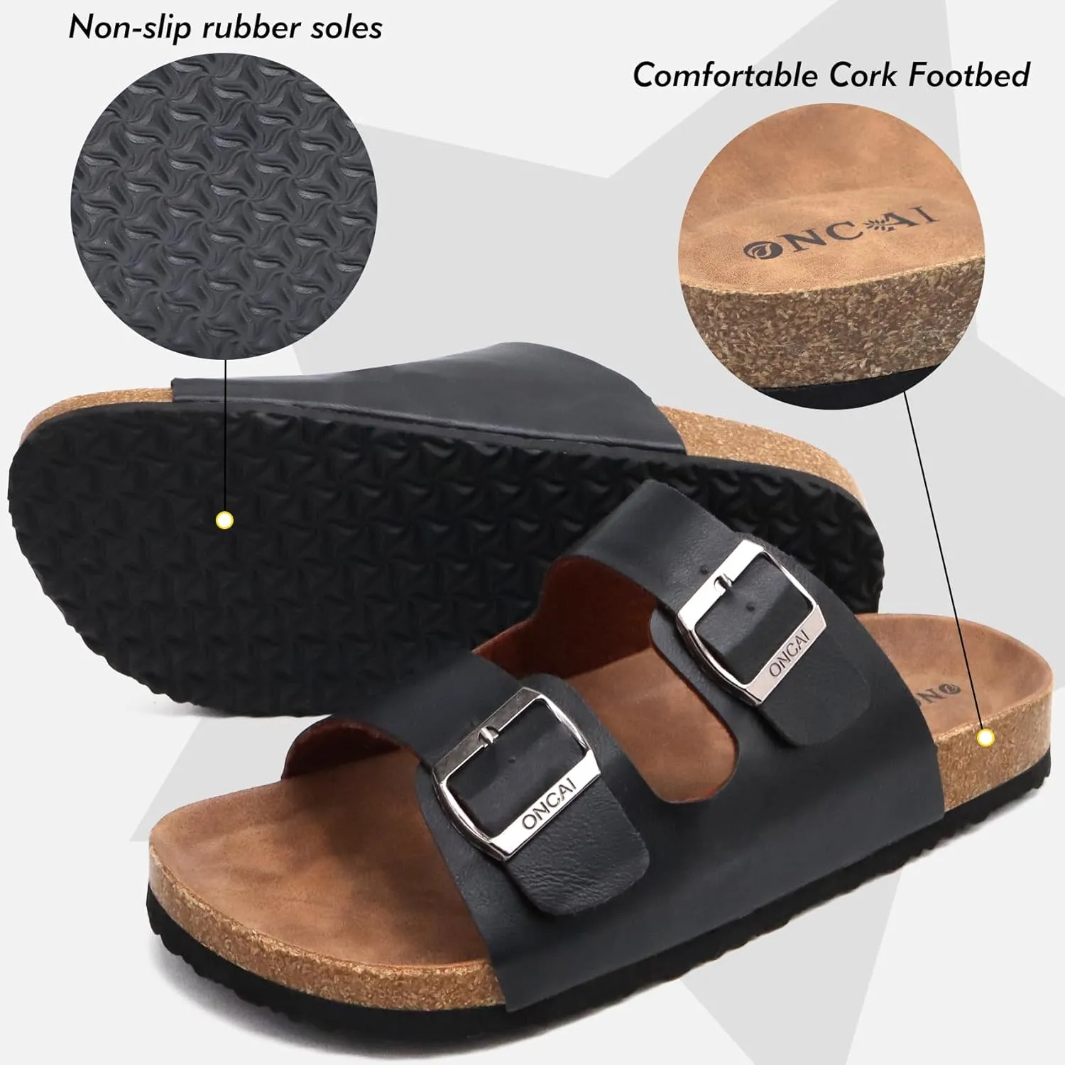 ONCAI Mens Sandals,Beach Slides Cork Footbed Slippers with Adjustable Buckle Straps Size 7-13