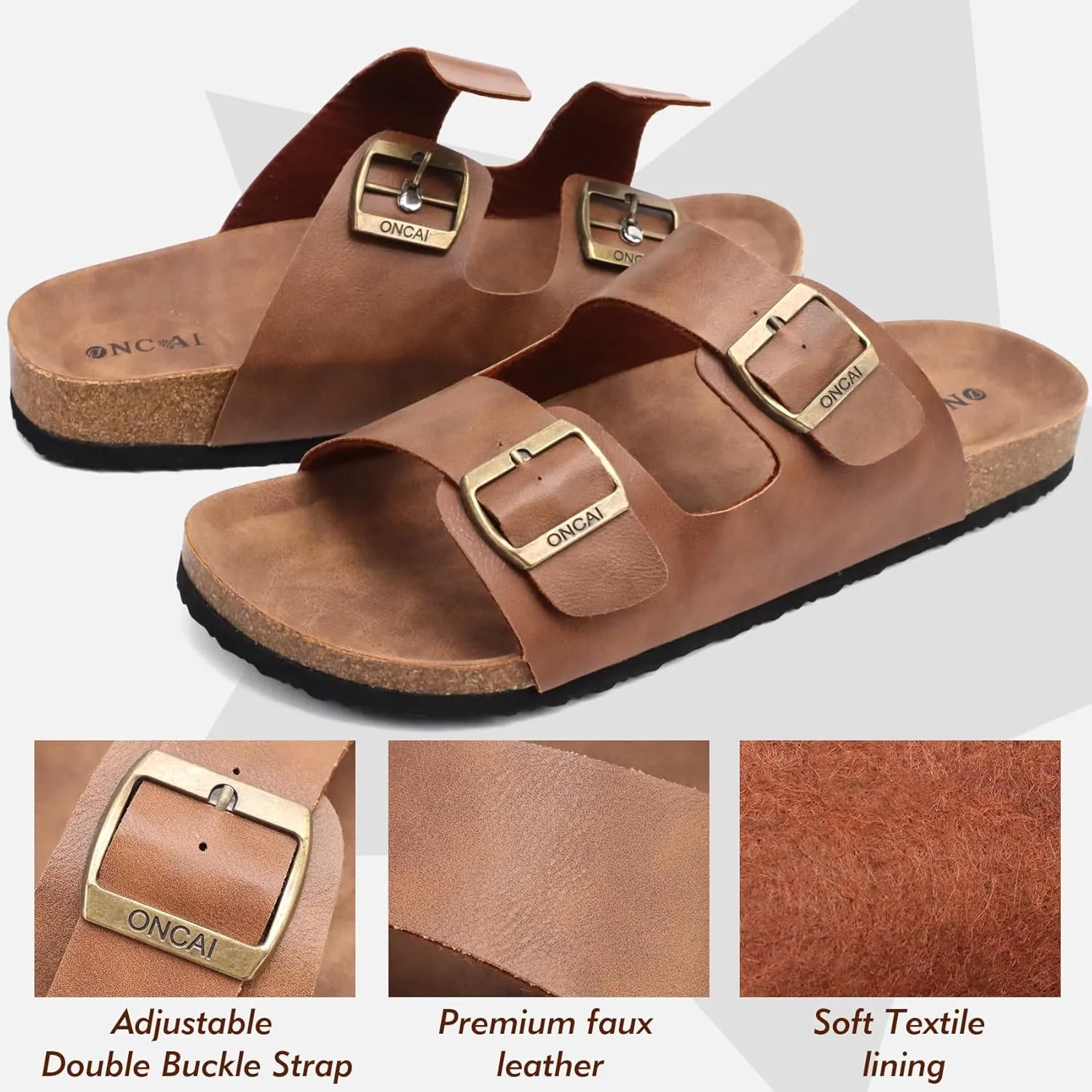 ONCAI Mens Sandals,Beach Slides Cork Footbed Slippers with Adjustable Buckle Straps Size 7-13