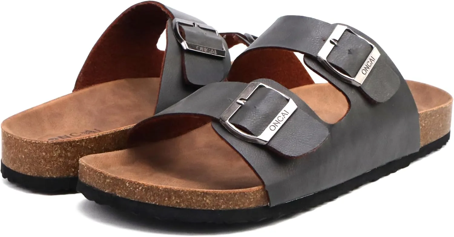 ONCAI Mens Sandals,Beach Slides Cork Footbed Slippers with Adjustable Buckle Straps Size 7-13