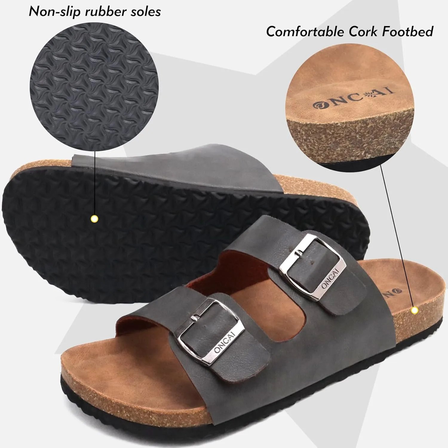 ONCAI Mens Sandals,Beach Slides Cork Footbed Slippers with Adjustable Buckle Straps Size 7-13
