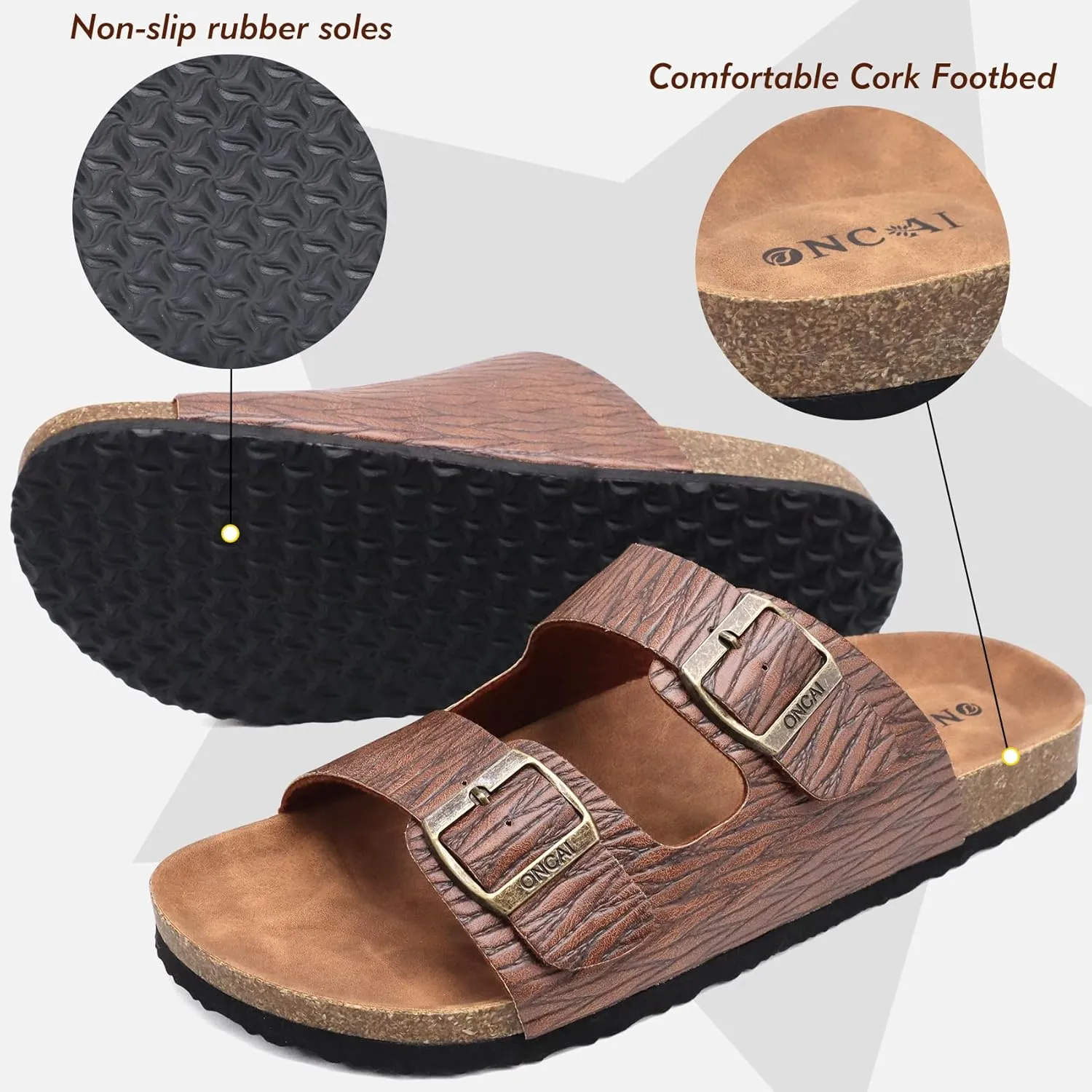ONCAI Mens Sandals,Beach Slides Cork Footbed Slippers with Adjustable Buckle Straps Size 7-13