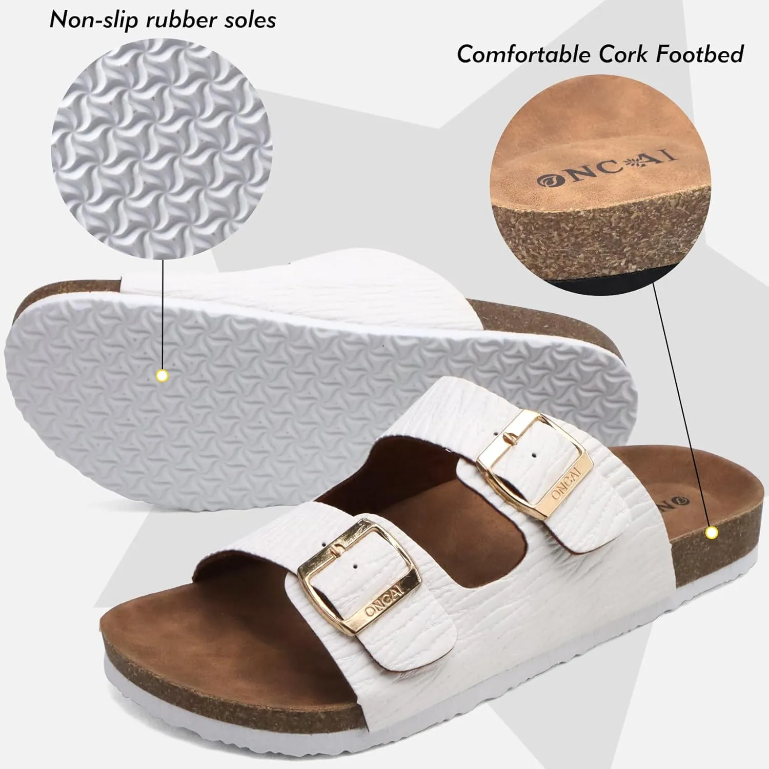 ONCAI Mens Sandals,Beach Slides Cork Footbed Slippers with Adjustable Buckle Straps Size 7-13