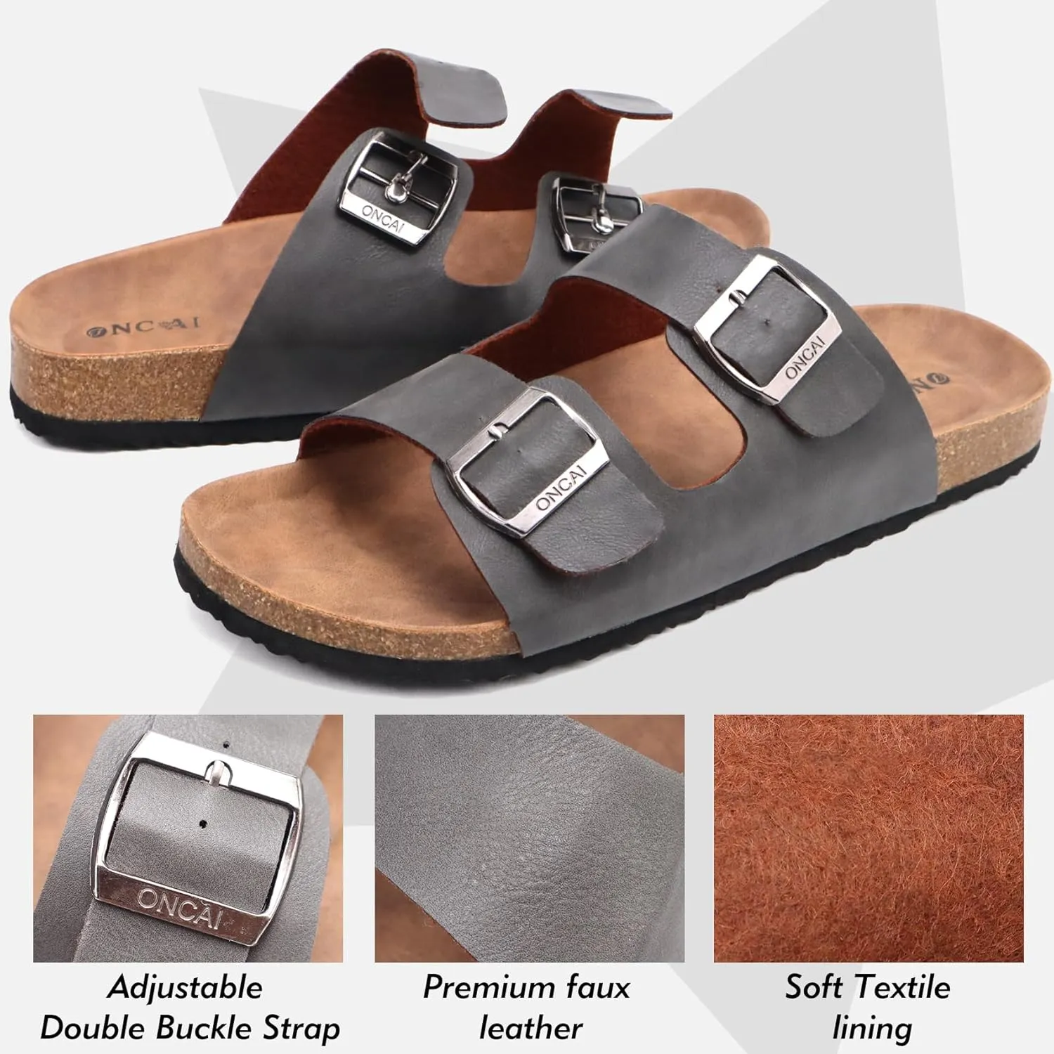 ONCAI Mens Sandals,Beach Slides Cork Footbed Slippers with Adjustable Buckle Straps Size 7-13