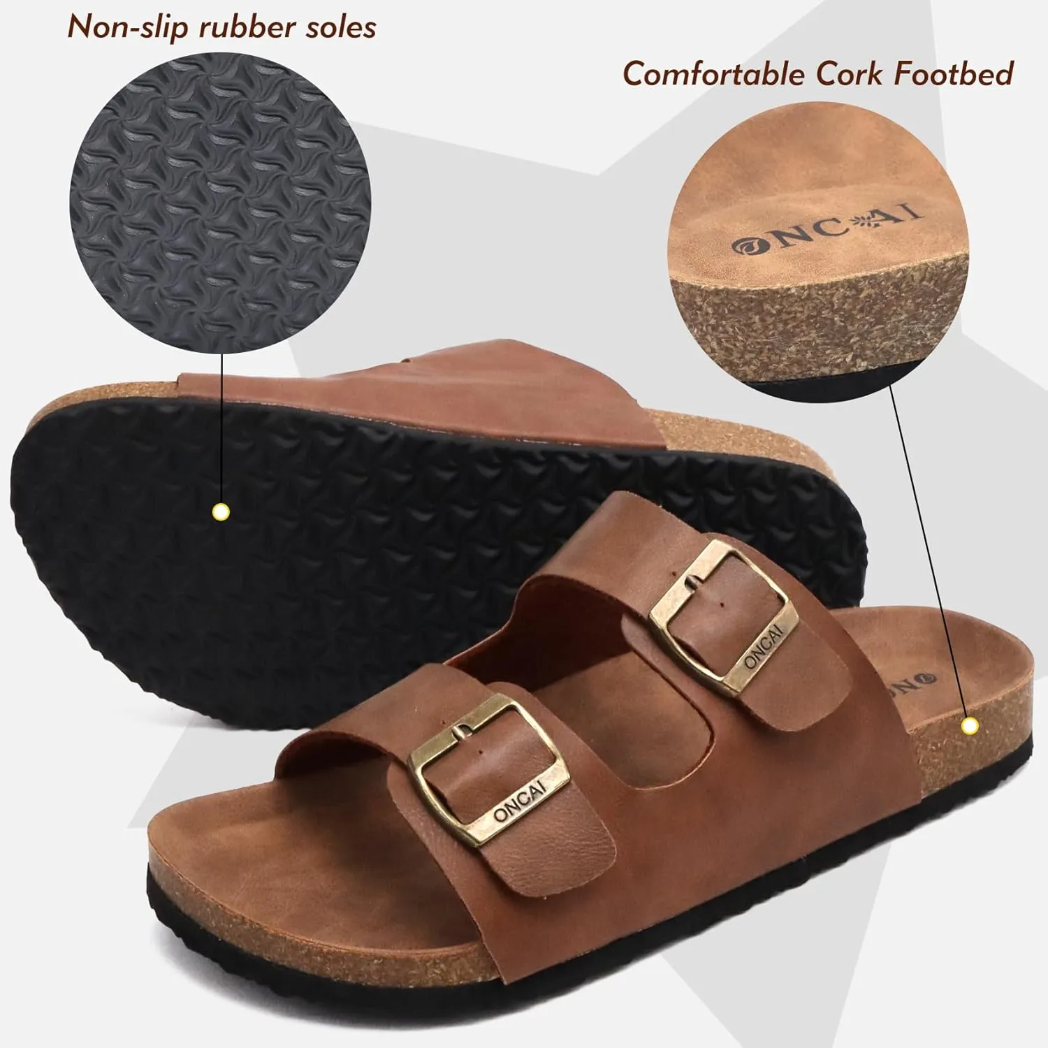 ONCAI Mens Sandals,Beach Slides Cork Footbed Slippers with Adjustable Buckle Straps Size 7-13