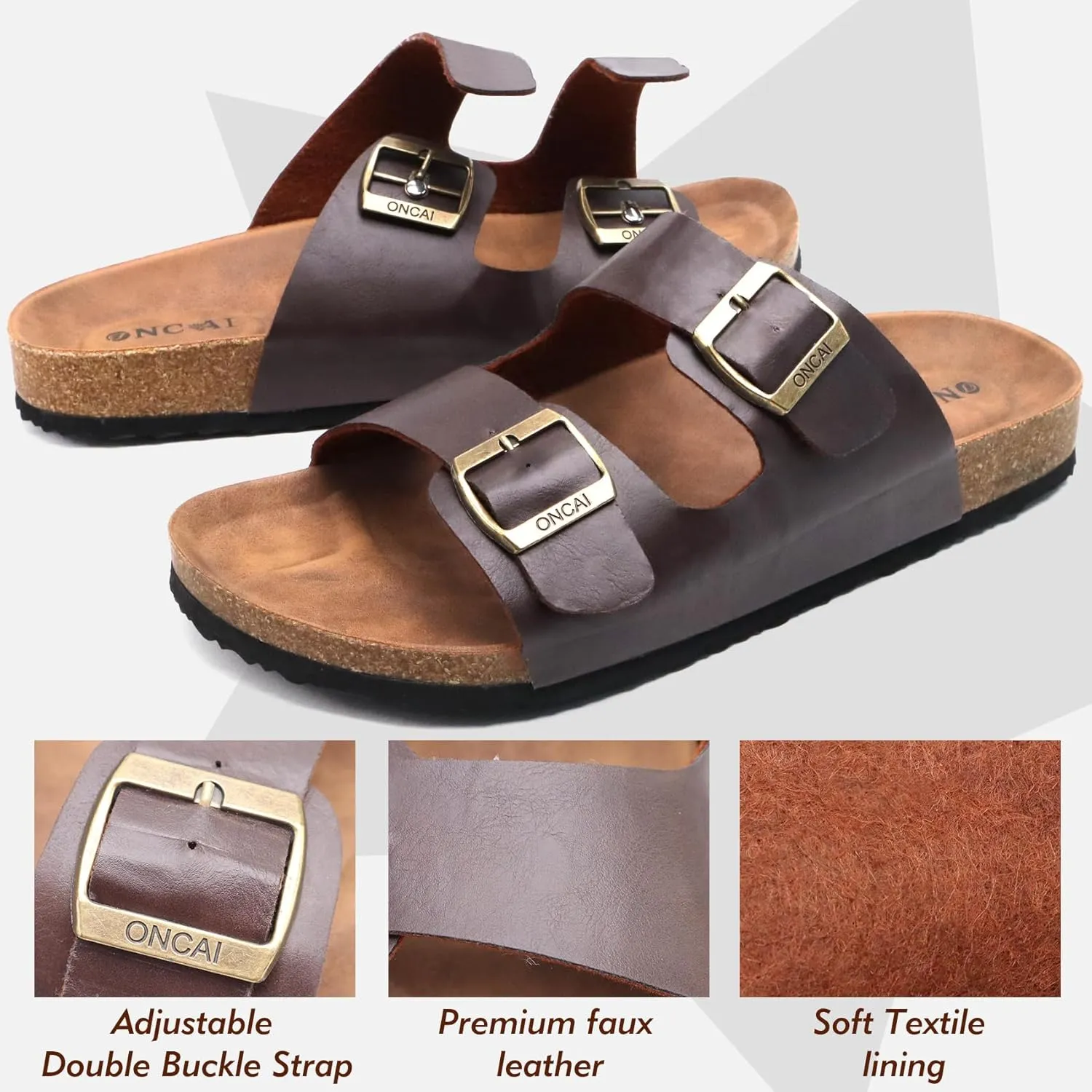 ONCAI Mens Sandals,Beach Slides Cork Footbed Slippers with Adjustable Buckle Straps Size 7-13