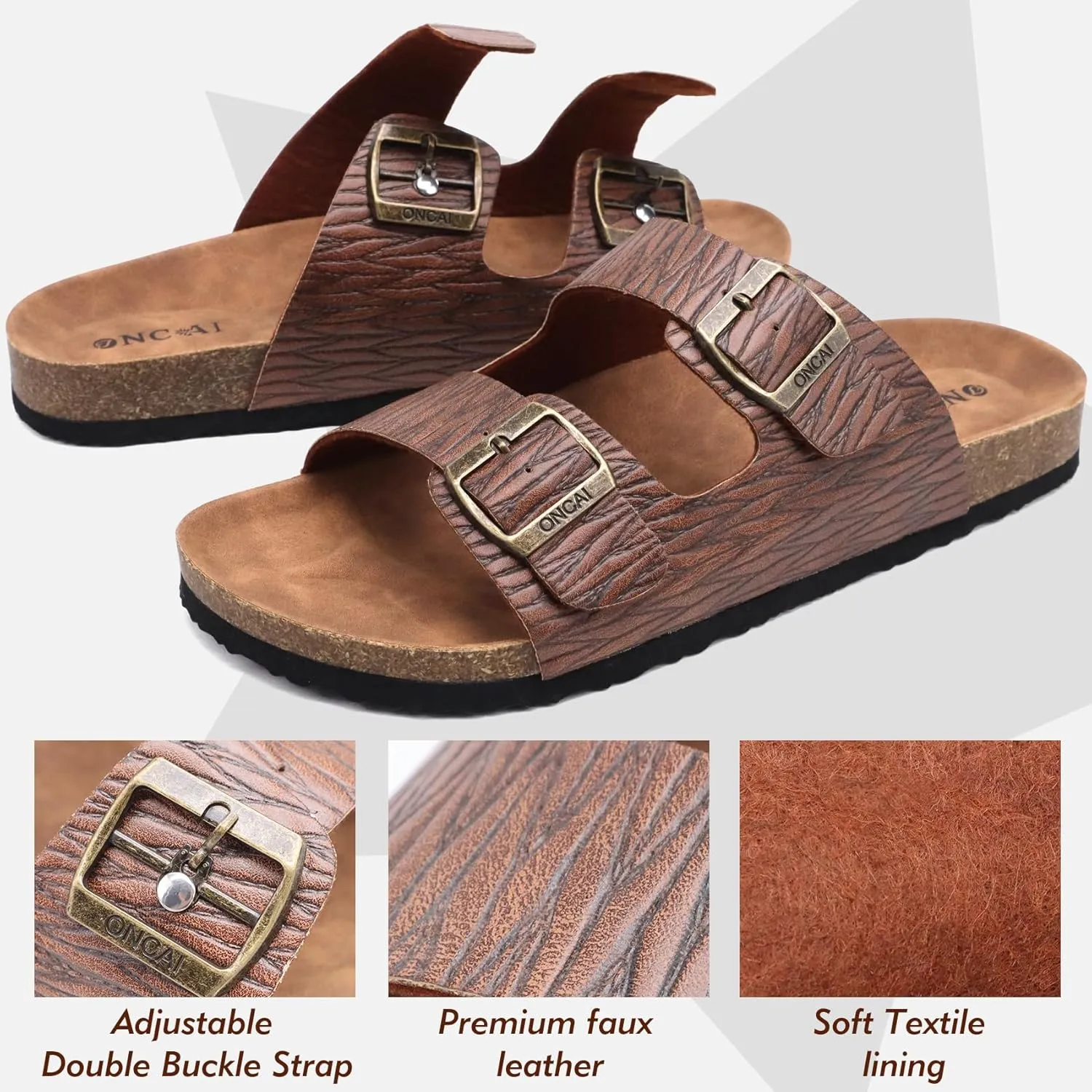 ONCAI Mens Sandals,Beach Slides Cork Footbed Slippers with Adjustable Buckle Straps Size 7-13