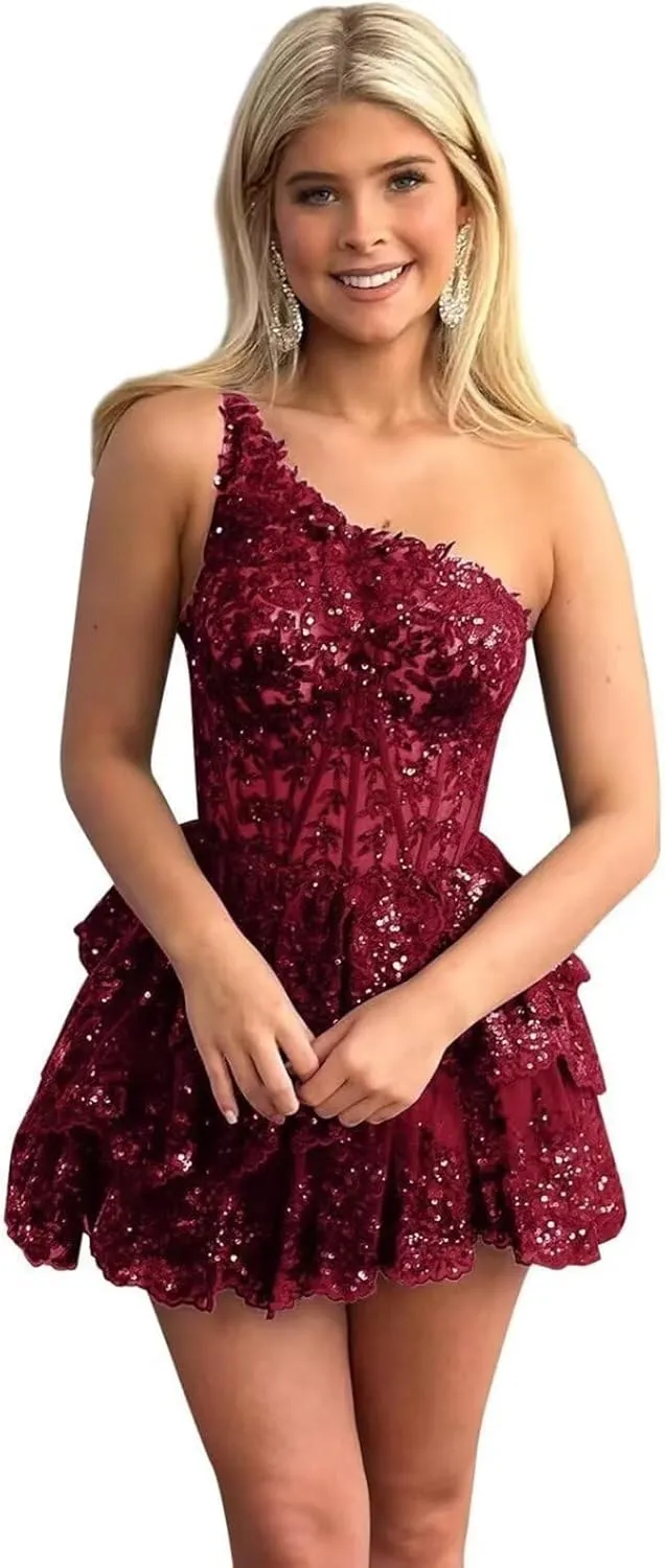 One Shoulder Lace Appliques Homecoming Dress for Teens Sparkly Sequin Tulle Short Formal Dress Prom Ball Gown YK881