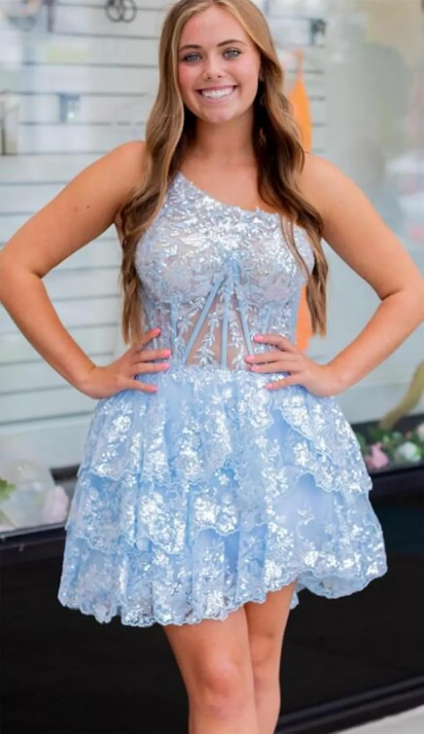 One Shoulder Lace Appliques Homecoming Dress for Teens Sparkly Sequin Tulle Short Formal Dress Prom Ball Gown YK881