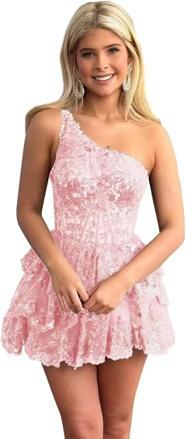 One Shoulder Lace Appliques Homecoming Dress for Teens Sparkly Sequin Tulle Short Formal Dress Prom Ball Gown YK881