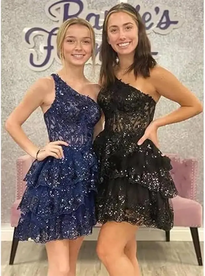 One Shoulder Lace Appliques Homecoming Dress for Teens Sparkly Sequin Tulle Short Formal Dress Prom Ball Gown YK881