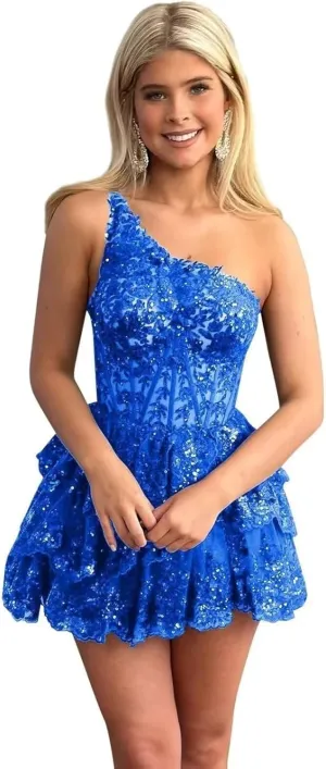 One Shoulder Lace Appliques Homecoming Dress for Teens Sparkly Sequin Tulle Short Formal Dress Prom Ball Gown YK881