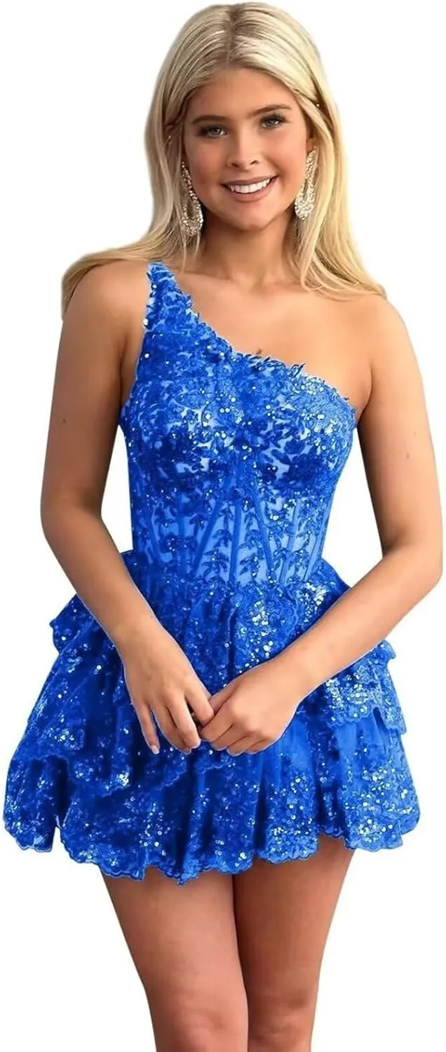 One Shoulder Lace Appliques Homecoming Dress for Teens Sparkly Sequin Tulle Short Formal Dress Prom Ball Gown YK881