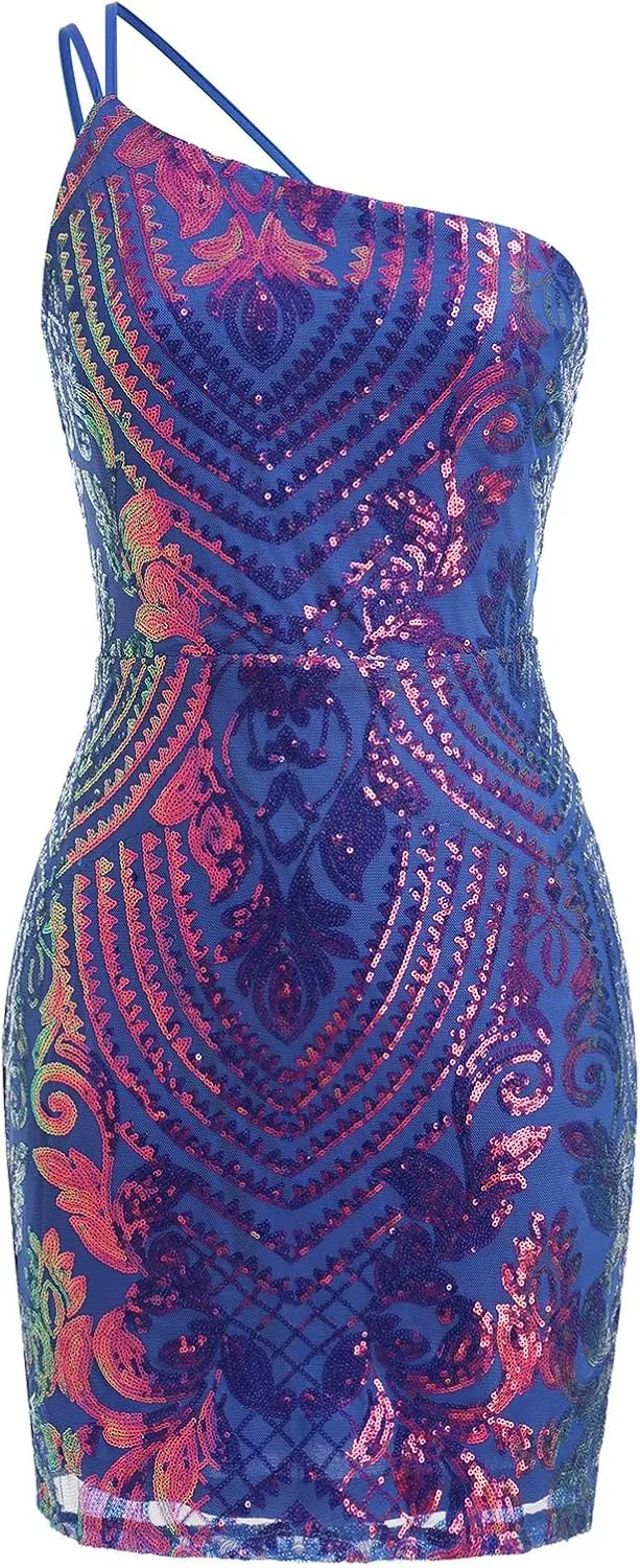 One Shoulder Short Homecoming Dresses for Teens Sparkly Sequin HOCO Dresses for Women Bodycon Mini Dress Rave Party Nightclub