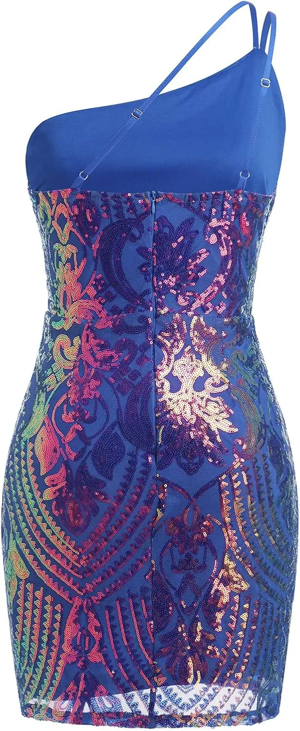 One Shoulder Short Homecoming Dresses for Teens Sparkly Sequin HOCO Dresses for Women Bodycon Mini Dress Rave Party Nightclub