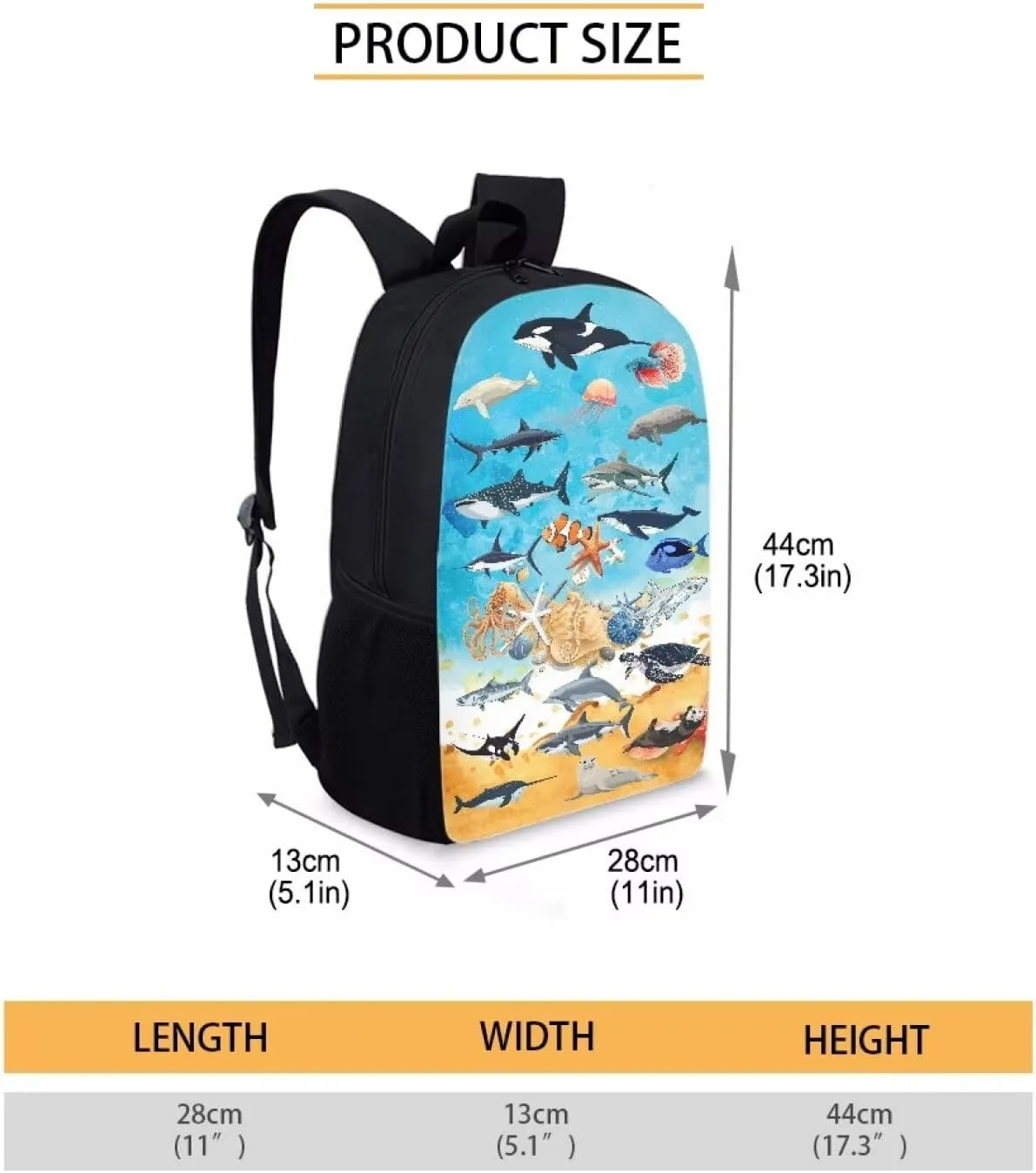 Orca Shark Otter Sea Fish Print Kids Backpack for Boys Girls Elementary Cute Zoo Animal School Bag 17 inch Multifunctional Large Capacity Durable Travel Backpack