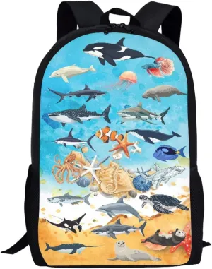 Orca Shark Otter Sea Fish Print Kids Backpack for Boys Girls Elementary Cute Zoo Animal School Bag 17 inch Multifunctional Large Capacity Durable Travel Backpack