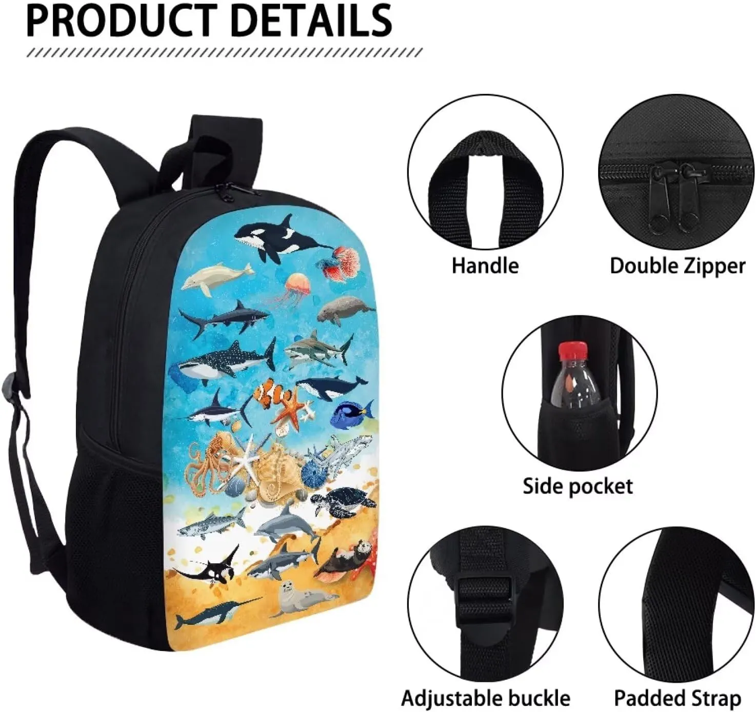 Orca Shark Otter Sea Fish Print Kids Backpack for Boys Girls Elementary Cute Zoo Animal School Bag 17 inch Multifunctional Large Capacity Durable Travel Backpack