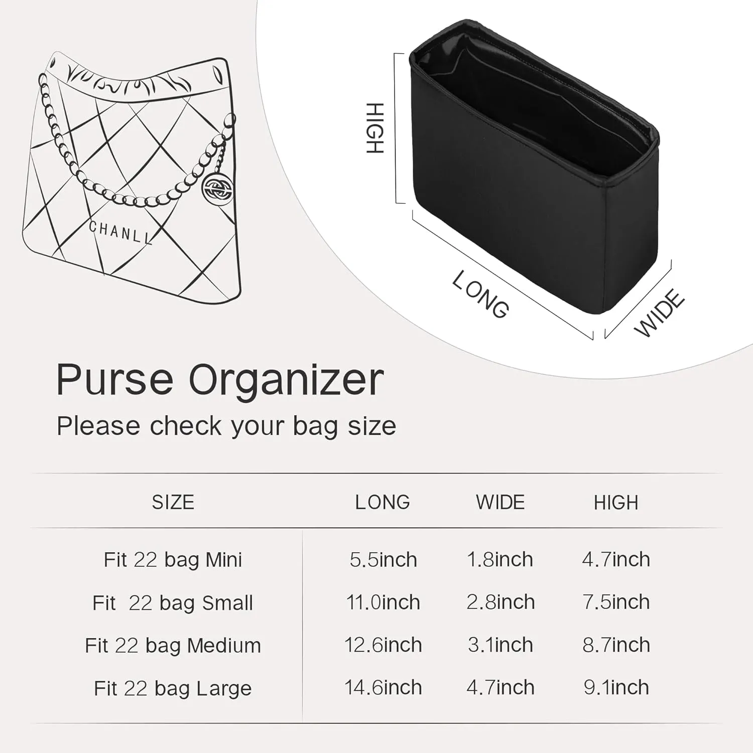 Organizer Insert for Chanel 22 Bags, Sliky Purse Inserts for Chanel Bags, Exclusively for Chanel 22 Mini Bag (Mini, Black)