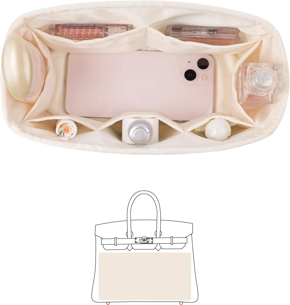 Organizer Insert for Hermes Bags, Luxury Storage With Silk, Fits Birkin 35, Lightweight Shaper With Multiple Pockets for Daily Use (Craie, Birkin35)