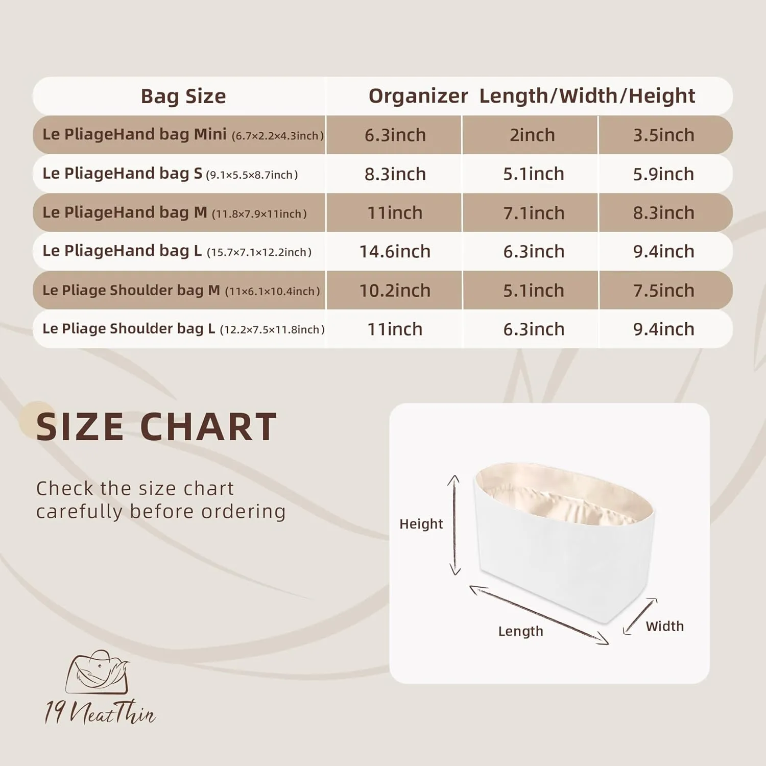 Organizer Insert for Longchamp, Lightweight Purse Insert Compatible with Le Pliage Mini Handbag, Waterproof Dupontpaper Surface and Silky Satin Lining (Mini, Craie)