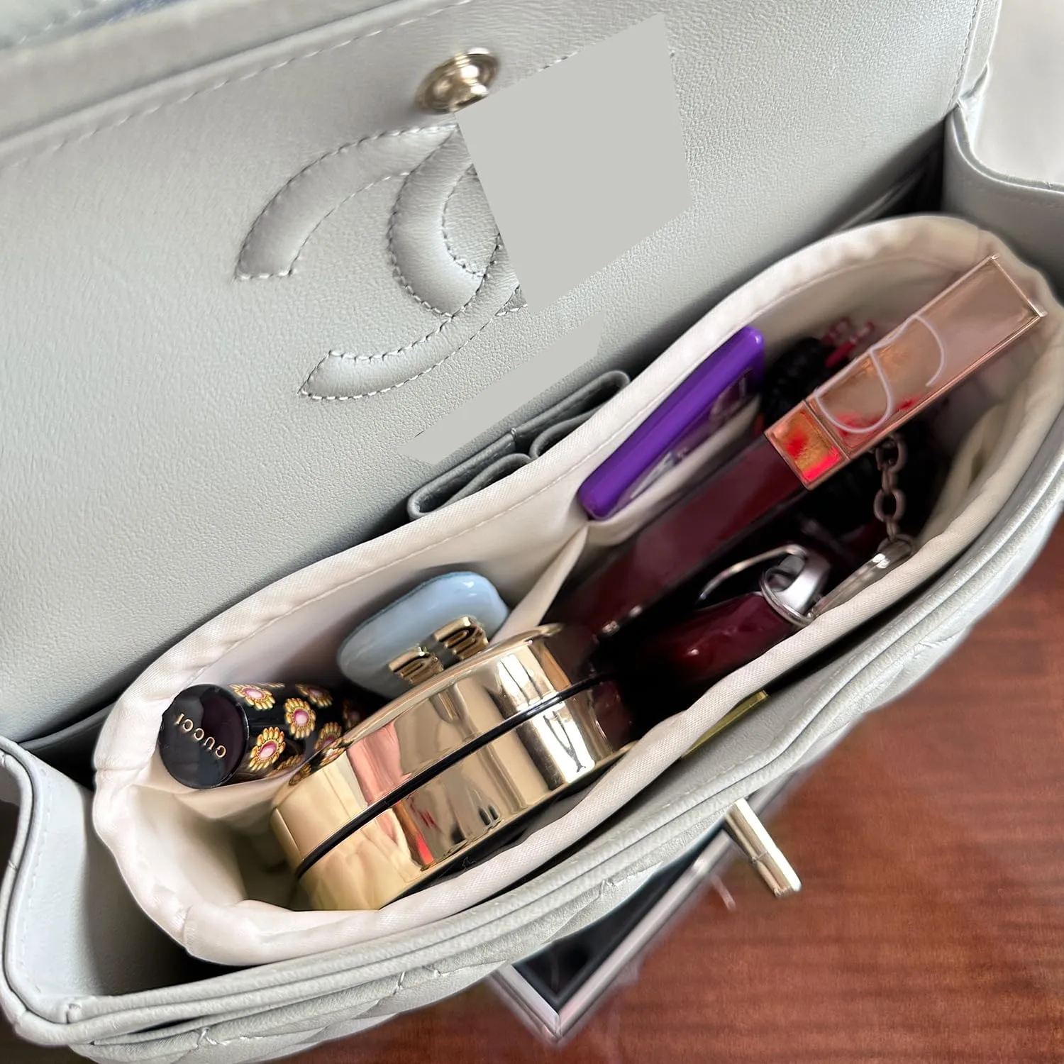 Organizer Insert with Silky Satin Compatible with Chanel Classic Flap Medium 25, Lightweight Insert for Chanel Flap Bag (Craie)