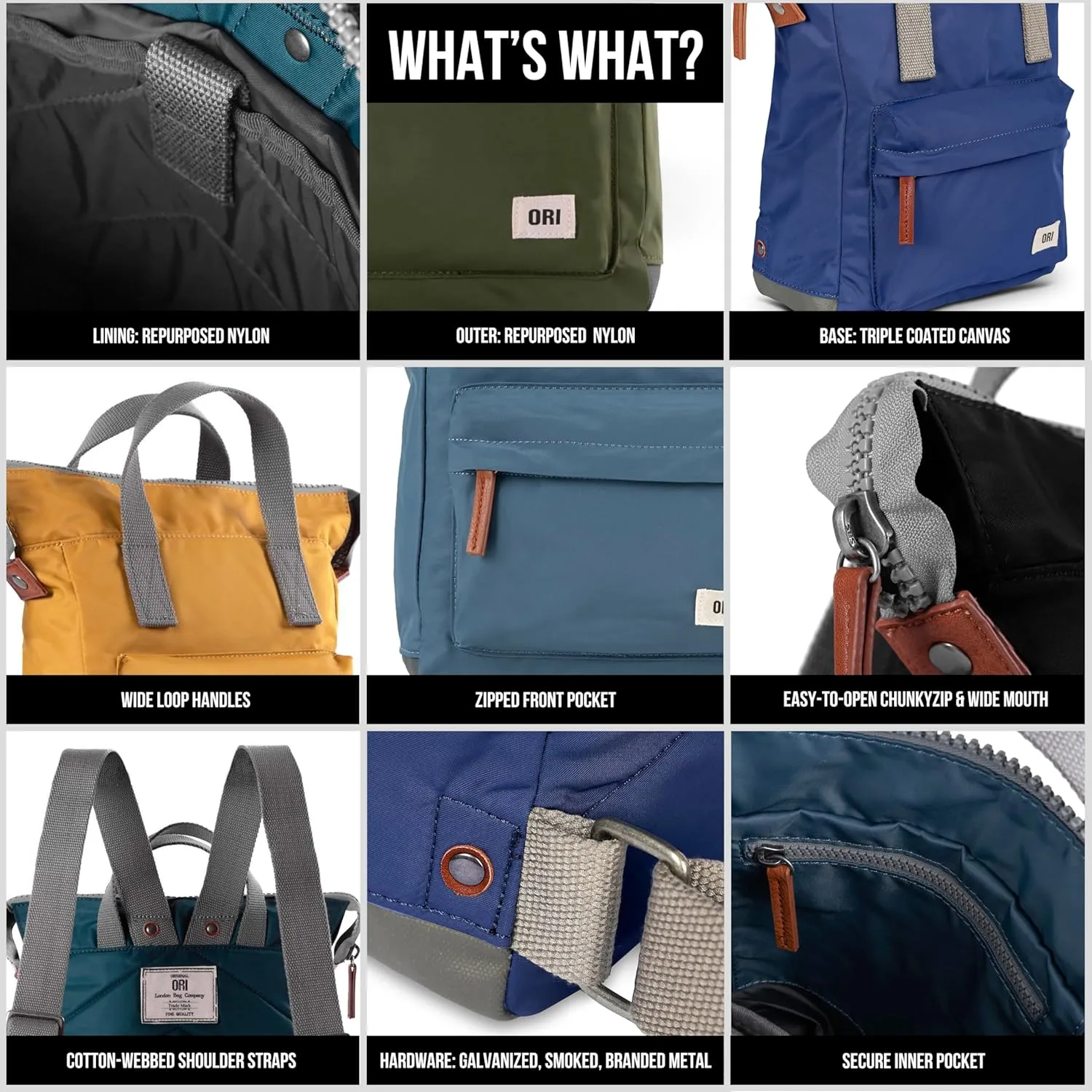 ORI LONDON Small Tote Bag Backpack - Nylon Tote Backpack for Women & Men - Wide Mouth, Chunky Zippers - The Bantry, Burnt Blue Nylon