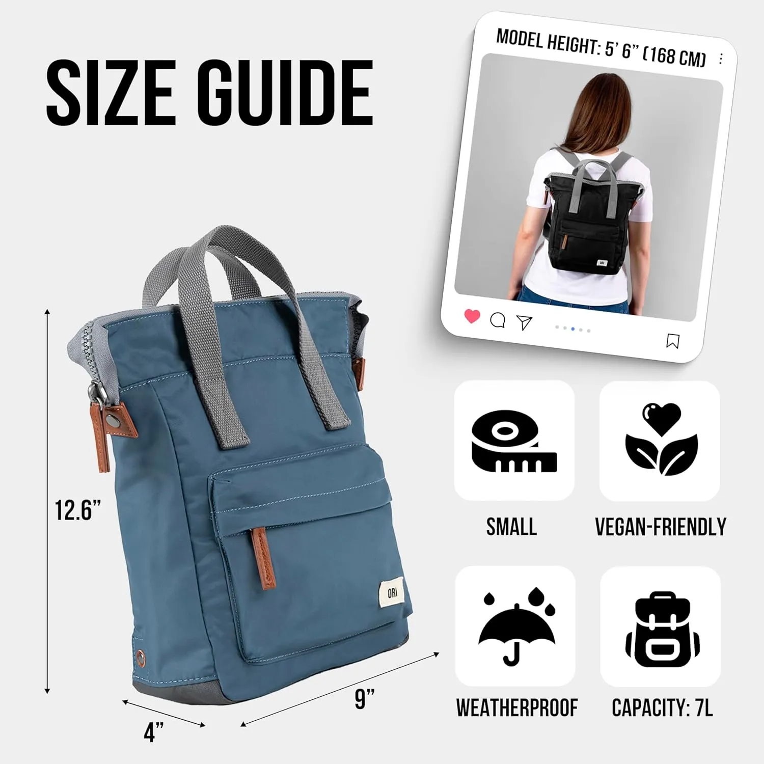 ORI LONDON Small Tote Bag Backpack - Nylon Tote Backpack for Women & Men - Wide Mouth, Chunky Zippers - The Bantry, Burnt Blue Nylon