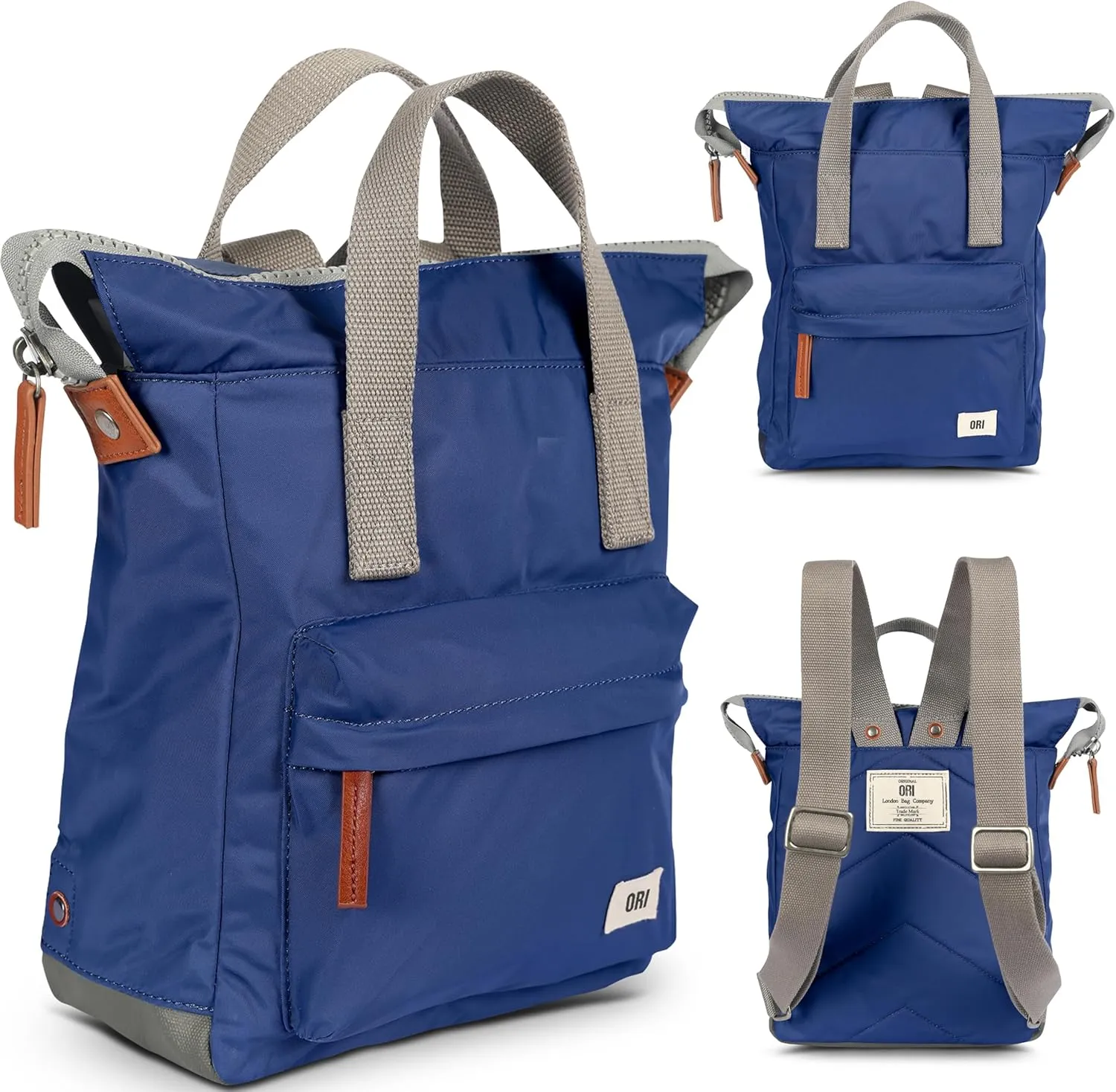 ORI LONDON Small Tote Bag Backpack - Nylon Tote Backpack for Women & Men - Wide Mouth, Chunky Zippers - The Bantry, Burnt Blue Nylon