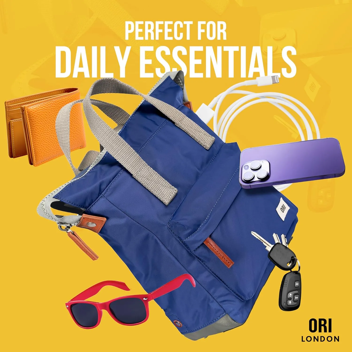 ORI LONDON Small Tote Bag Backpack - Nylon Tote Backpack for Women & Men - Wide Mouth, Chunky Zippers - The Bantry, Burnt Blue Nylon
