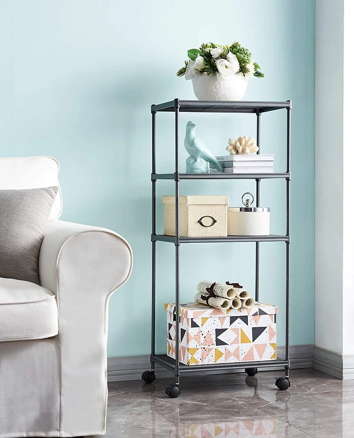 OVICAR 4-Tier Wire Storage Shelves, Adjustable Shelving Units with Wheels, Steel Metal Storage Rack for Kitchen Pantry Closet Laundry, Durable Organizer Garage Tool Storage Shelf (Grey, 4 Tiers)