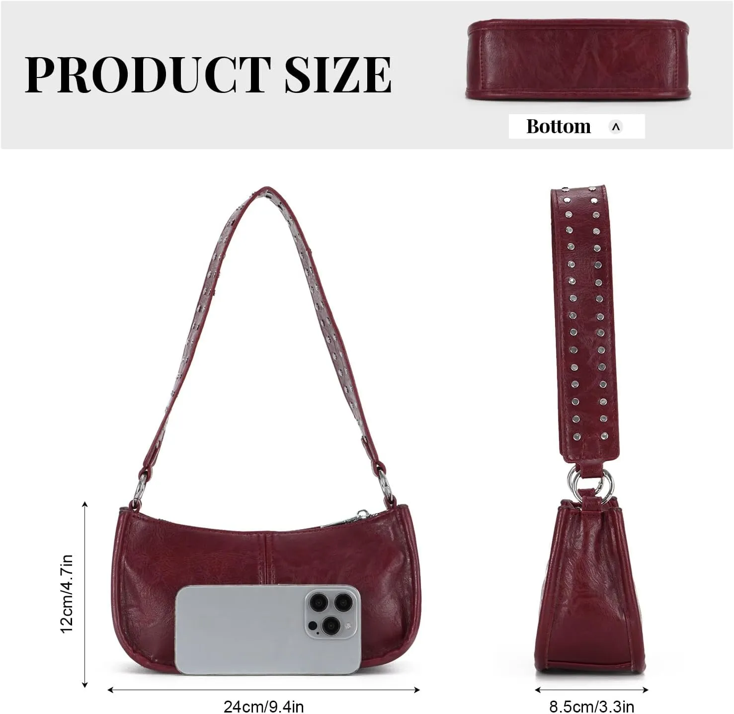 Oweisong Red Y2K Purse for Women Trendy Leather Shoulder Bag Punk Rivet Crossbody Bag Retro Under Arm Shoulder Purse