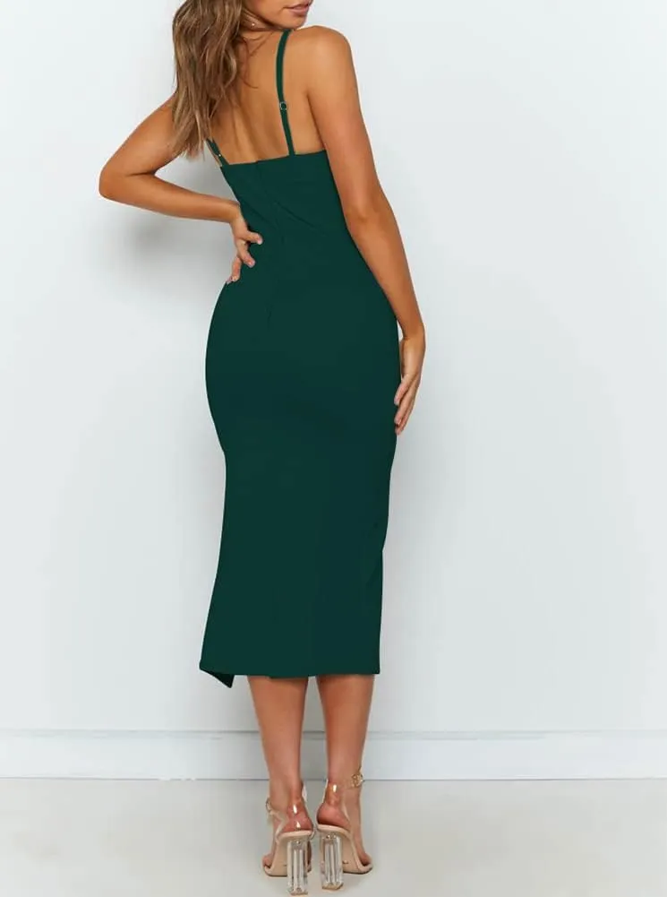 OWIN Women's Adjustable Spaghetti Straps Sleeveless High Waist Split Midi Bodycon Cocktail Party Dress